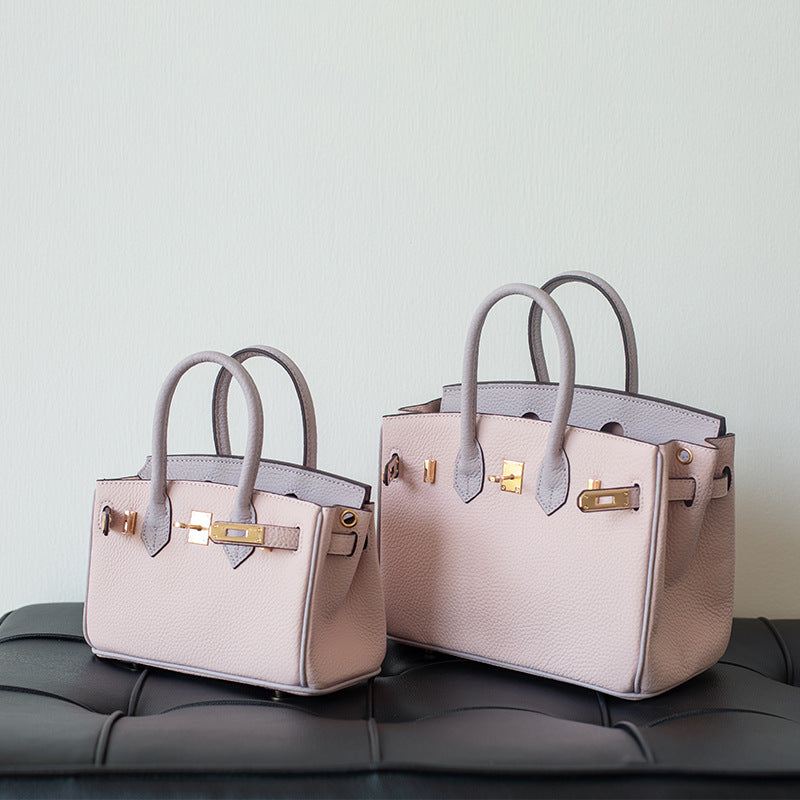 Top Grain Leather Inspired Birk Bag Pink Bi Color Handbag Woman