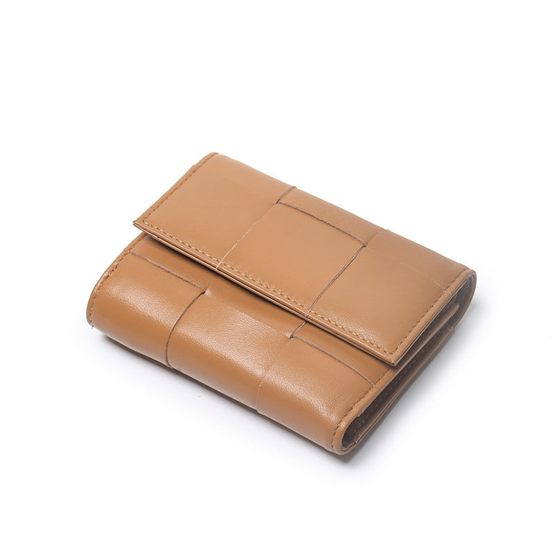 Woven Sheep Leather Trifold Wallet Short Card Holder
