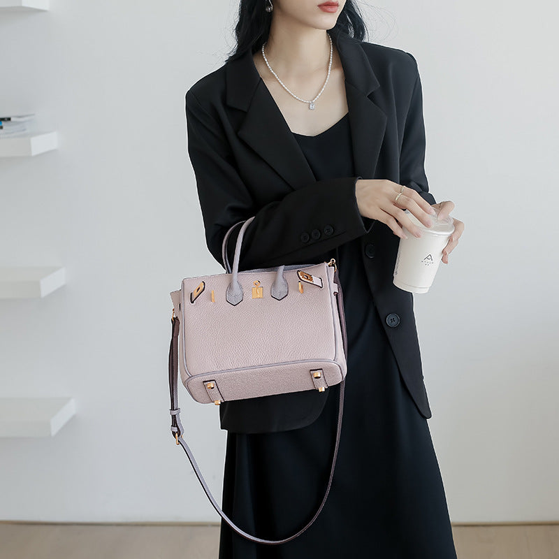 Top Grain Leather Inspired Birk Bag Pink Bi Color Handbag Woman
