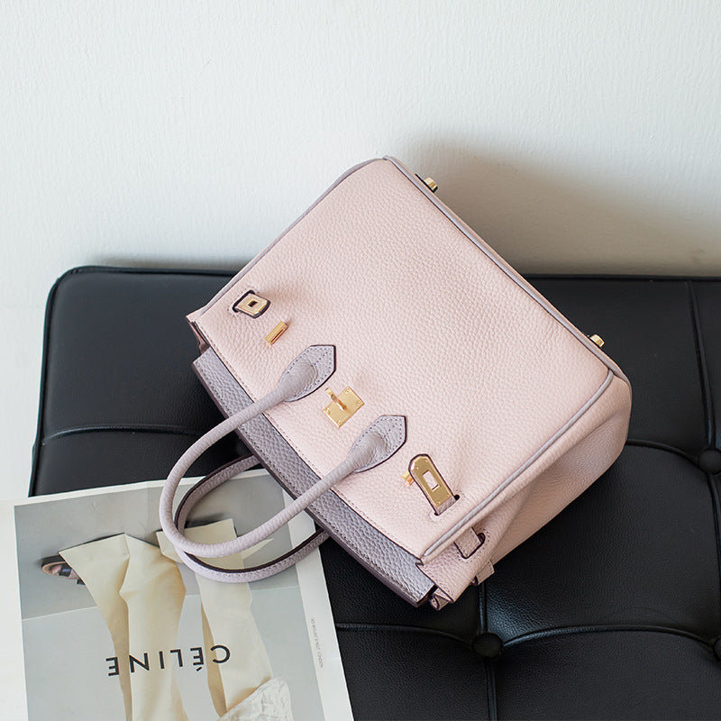 Top Grain Leather Inspired Birk Bag Pink Bi Color Handbag Woman
