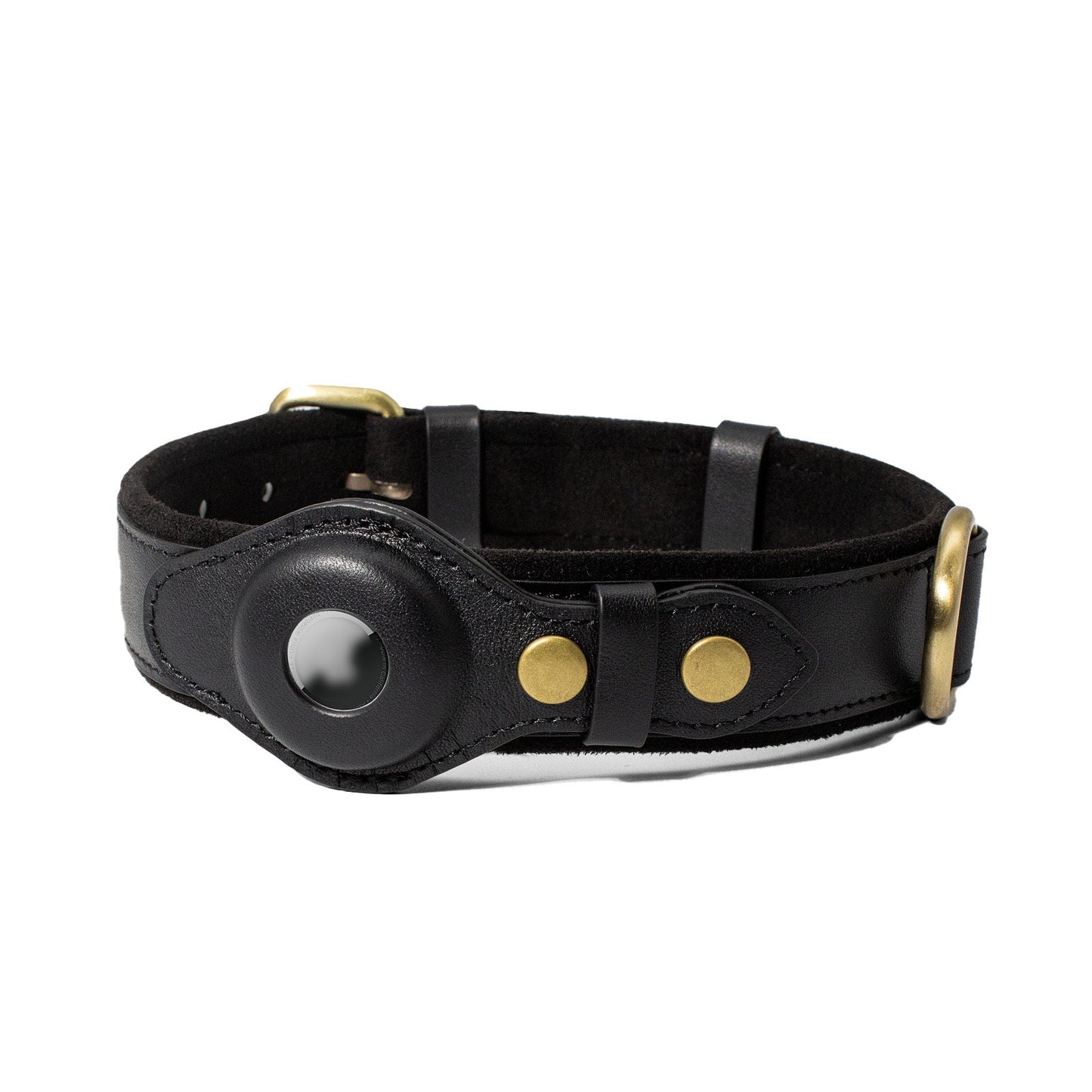 Genuine Leather Black Dog Collar with Airtag Case
