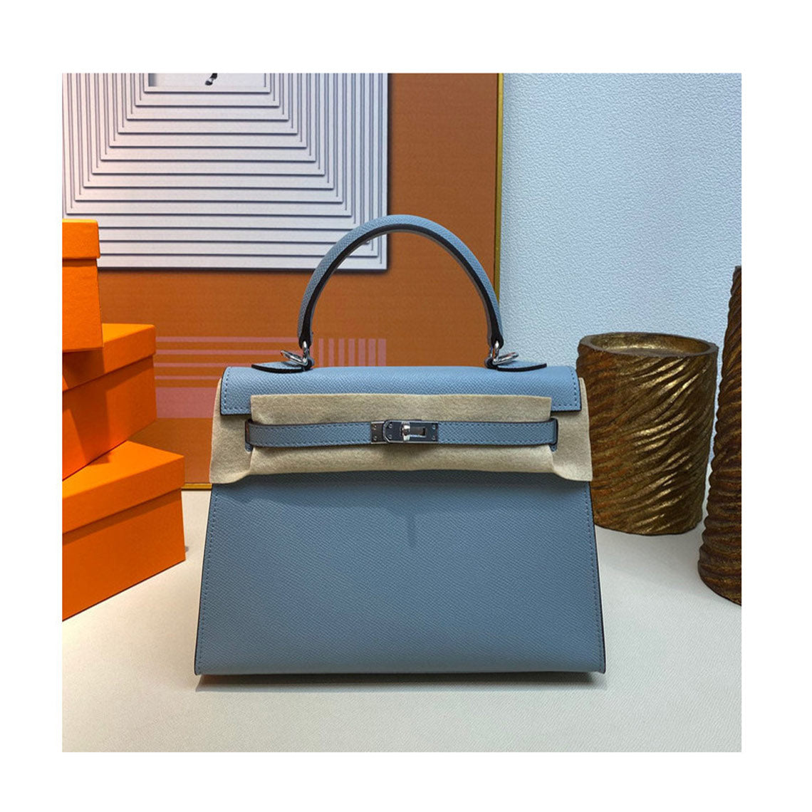 Blue Leather Inspired Kelly Bag with Silver Hardware