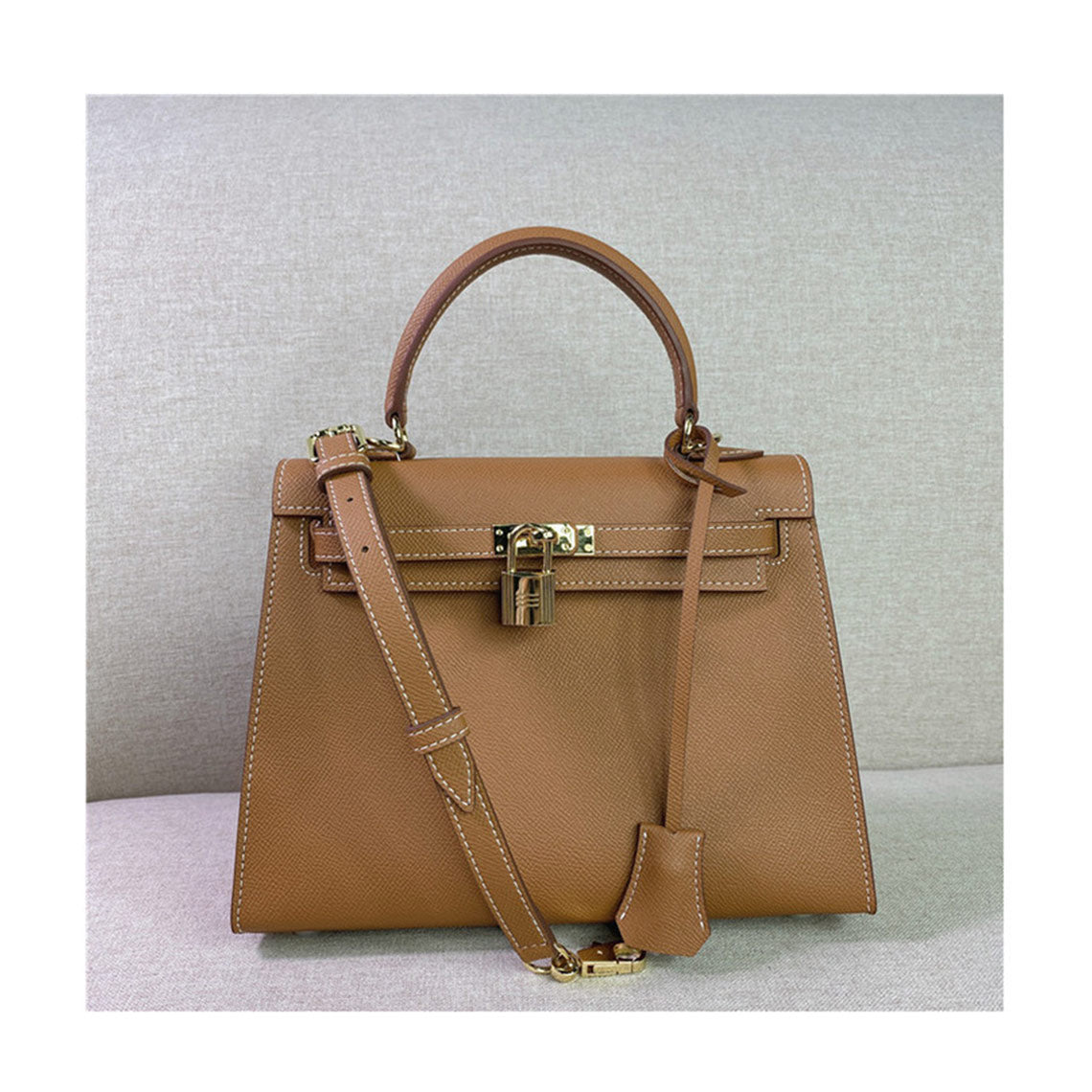 Inspired Brown Leather Kelli Handbag with Adjustable Crossbody Strap