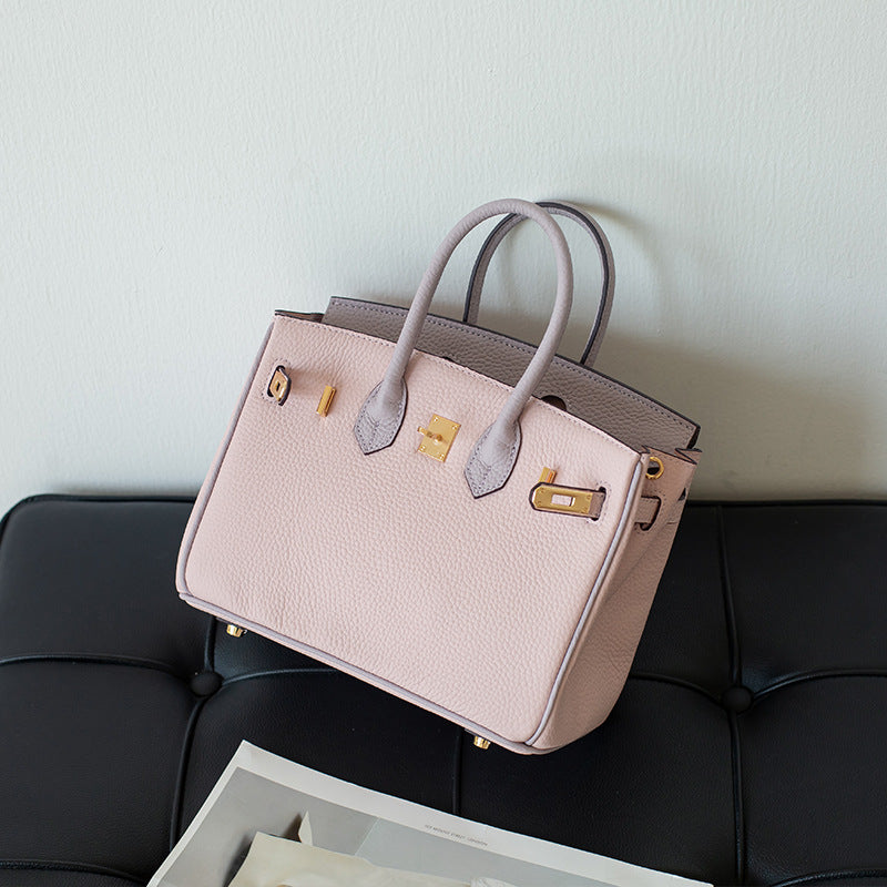 Top Grain Leather Inspired Birk Bag Pink Bi Color Handbag Woman