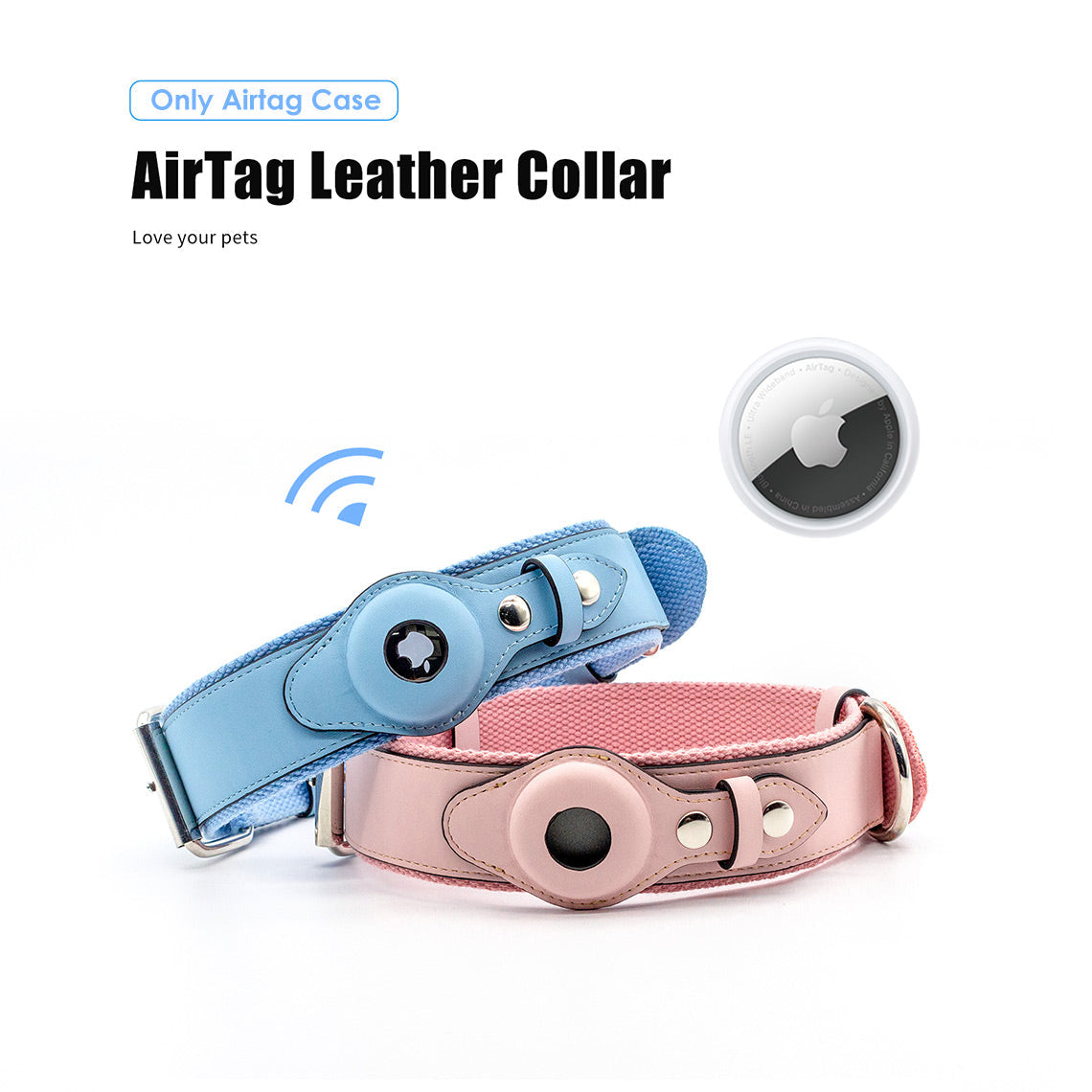 Blue and pink dog collar with airtag case