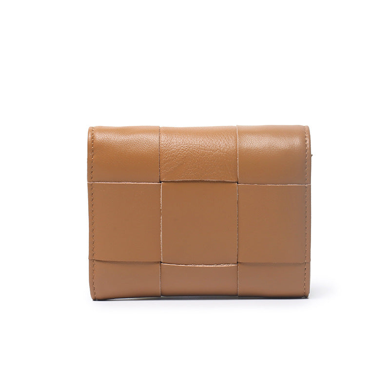 Woven Sheep Leather Trifold Wallet Short Card Holder