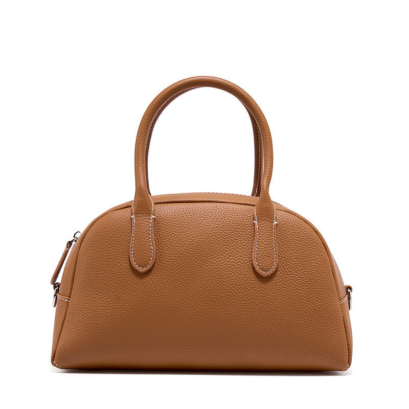 Top Grain Leather Inspired Bowling Bag Boston Handbags for Woman Shell Bag