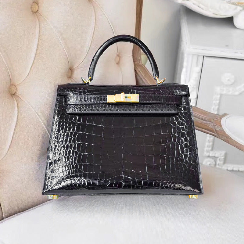 Crocodile Embossed Leather Small Chain Bag Golden Hardware