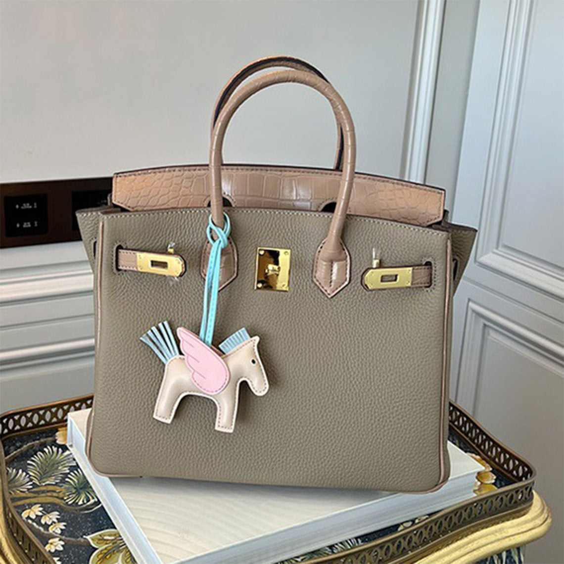 Taupe Leather Handbag Inspired Birkin Bag