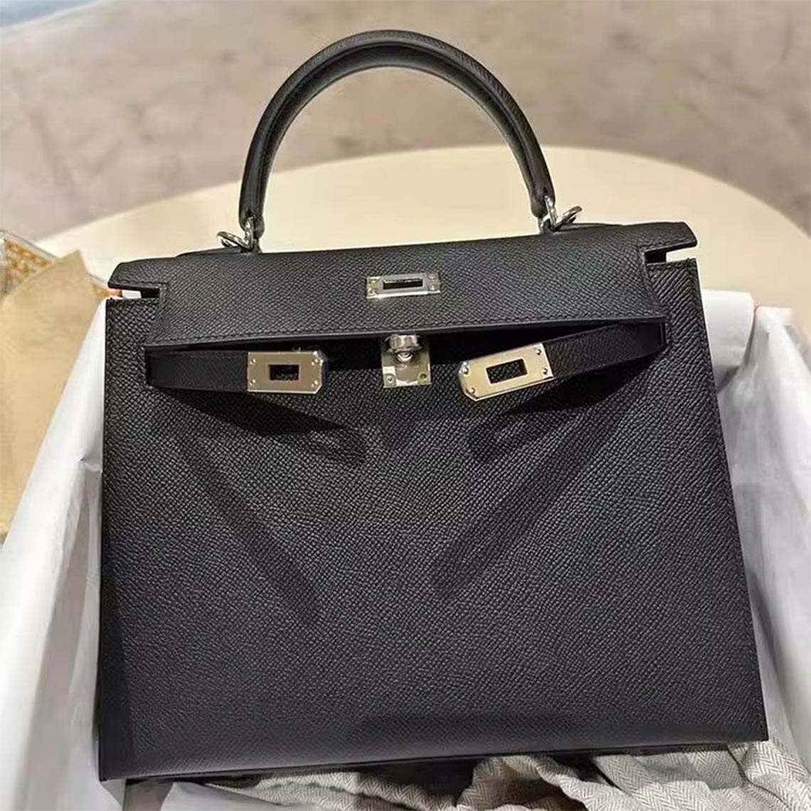 Black Epsom Leather Inspired Kelly Handbag with Silver Hardware
