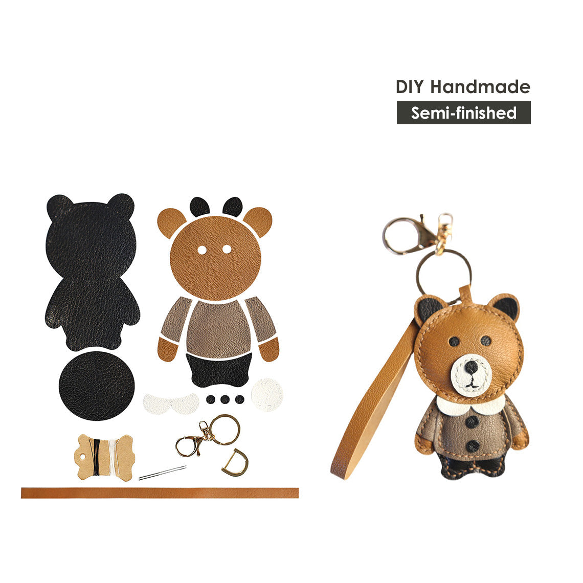 DIY Leather Keyring Making Kit | Brown Bear Keychain DIY Kit - Beginner Sewing Kit for Kids