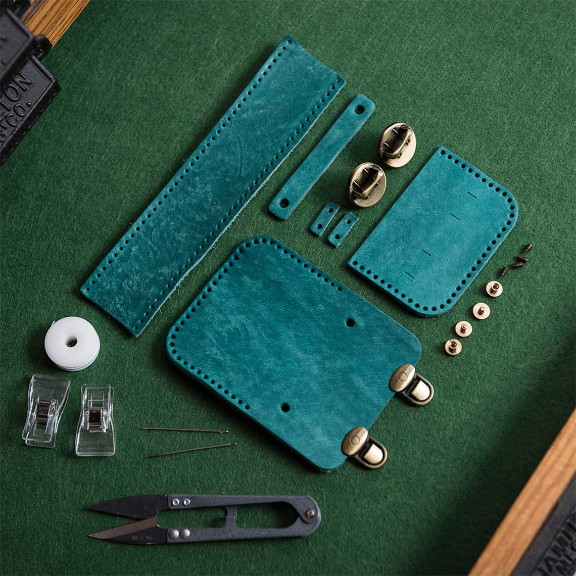 Peacock green leather diy kit | leather sewing kit | POPSEWING™